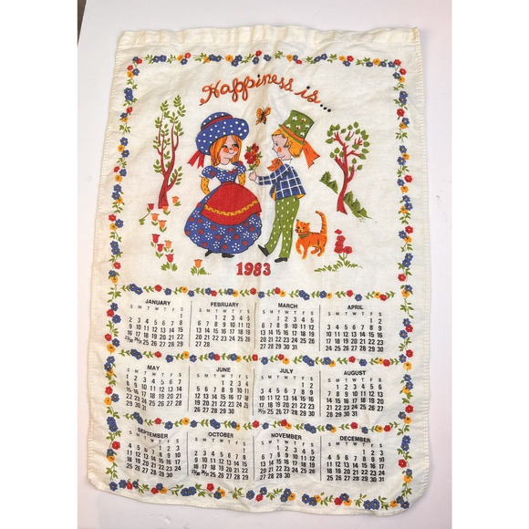 1983 Calendar Tea Towel 'Happiness Is' Vintage Linens Young Love 80's Kitchen - Picture 2 of 5